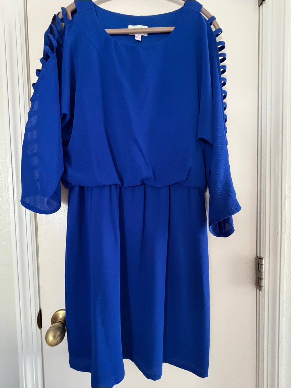 Cold-Shoulder Royal Blue Midi Dress with Ladder Sleeve Detail